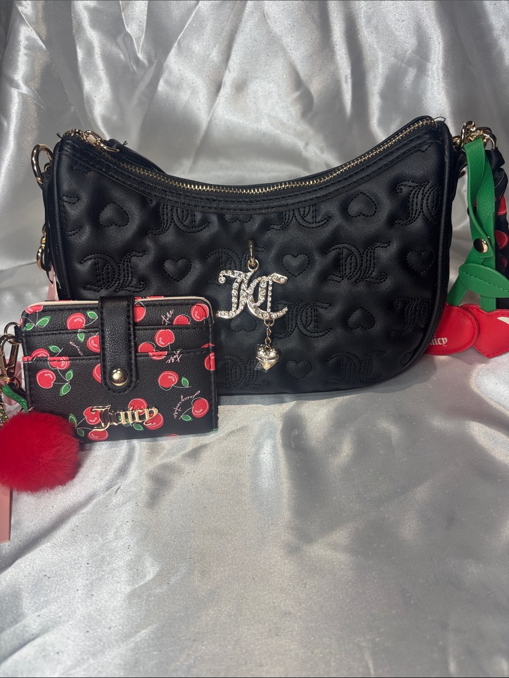 NWT Juicy Couture Black Quilted Heart-Embossed Shoulder Bag & Wallet